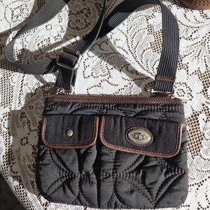 Fossil Key-Per Black Quilted Nylon Crossbody Bag Brown Trim Key Charm